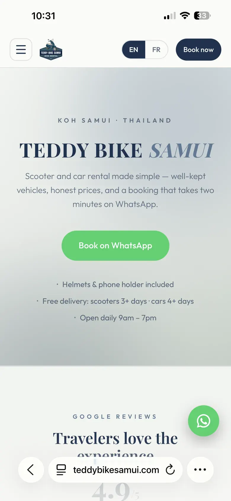 Teddy Bike Samui website on a phone